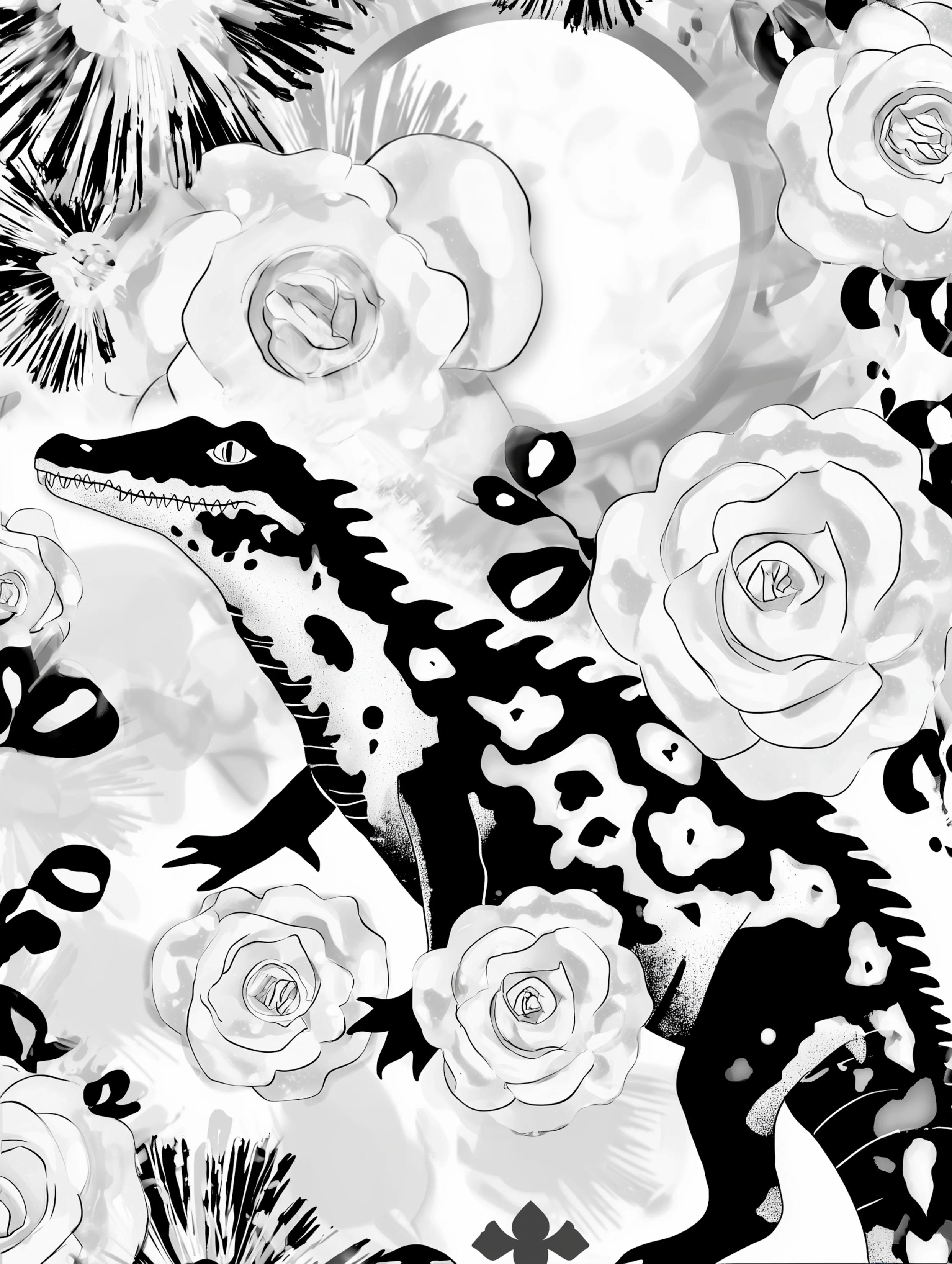 Free printable crocodile coloring pages for adults featuring white roses crocodile